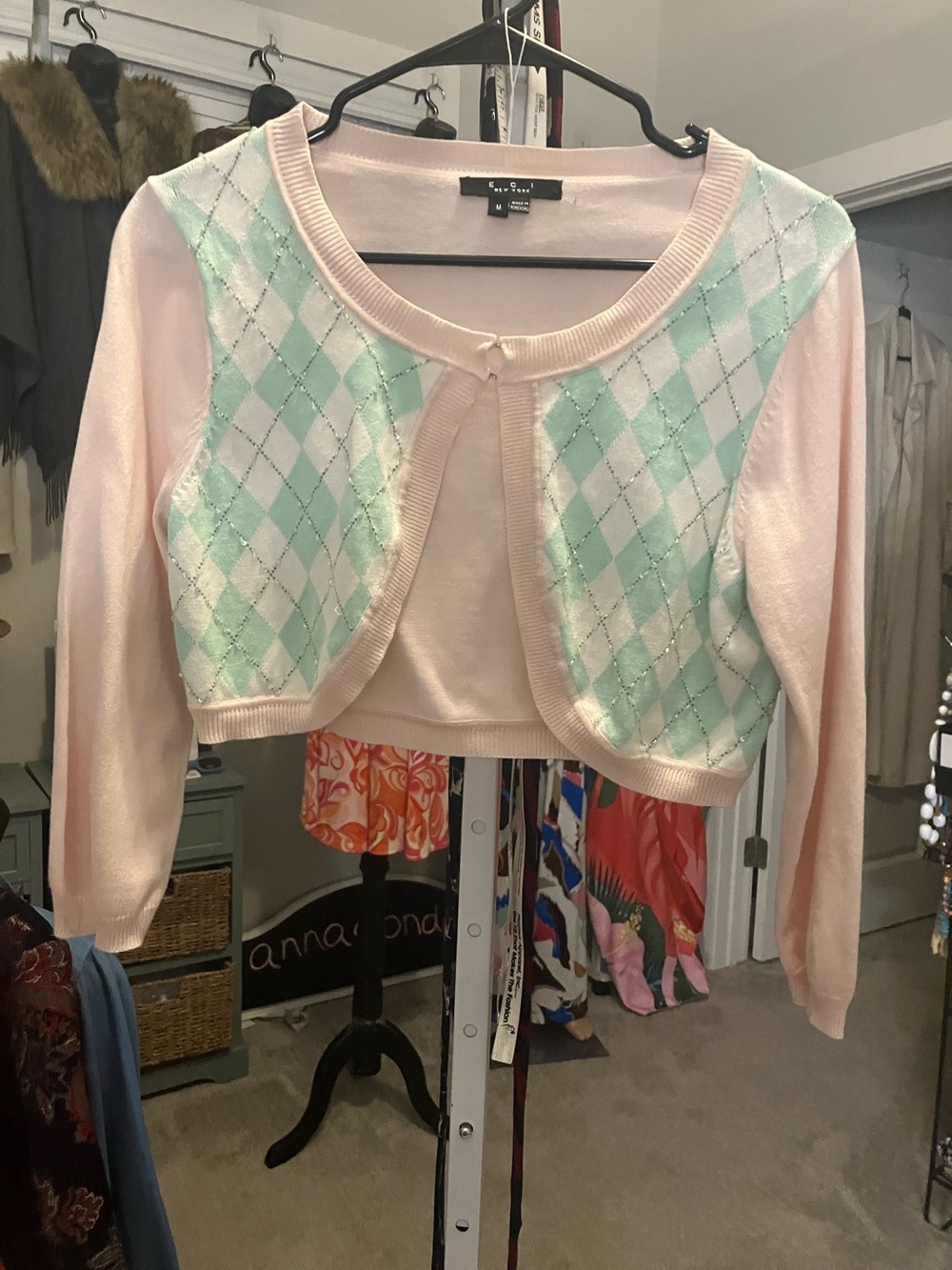 Vintage Baby Pink Argyle Cropped Cardigan